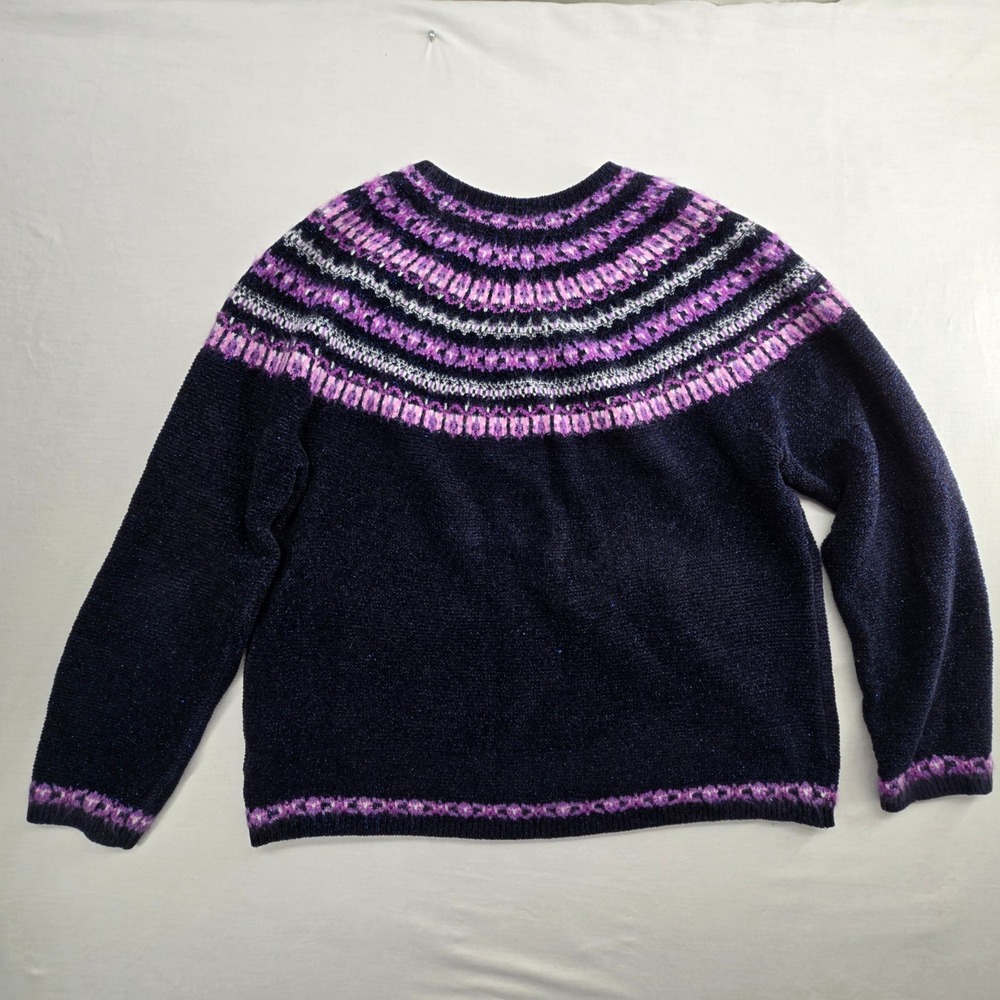 Talbots Fair Isle Pullover Sweater L Navy Purple Metallic Shimmer Crewneck - Picture 2 of 9